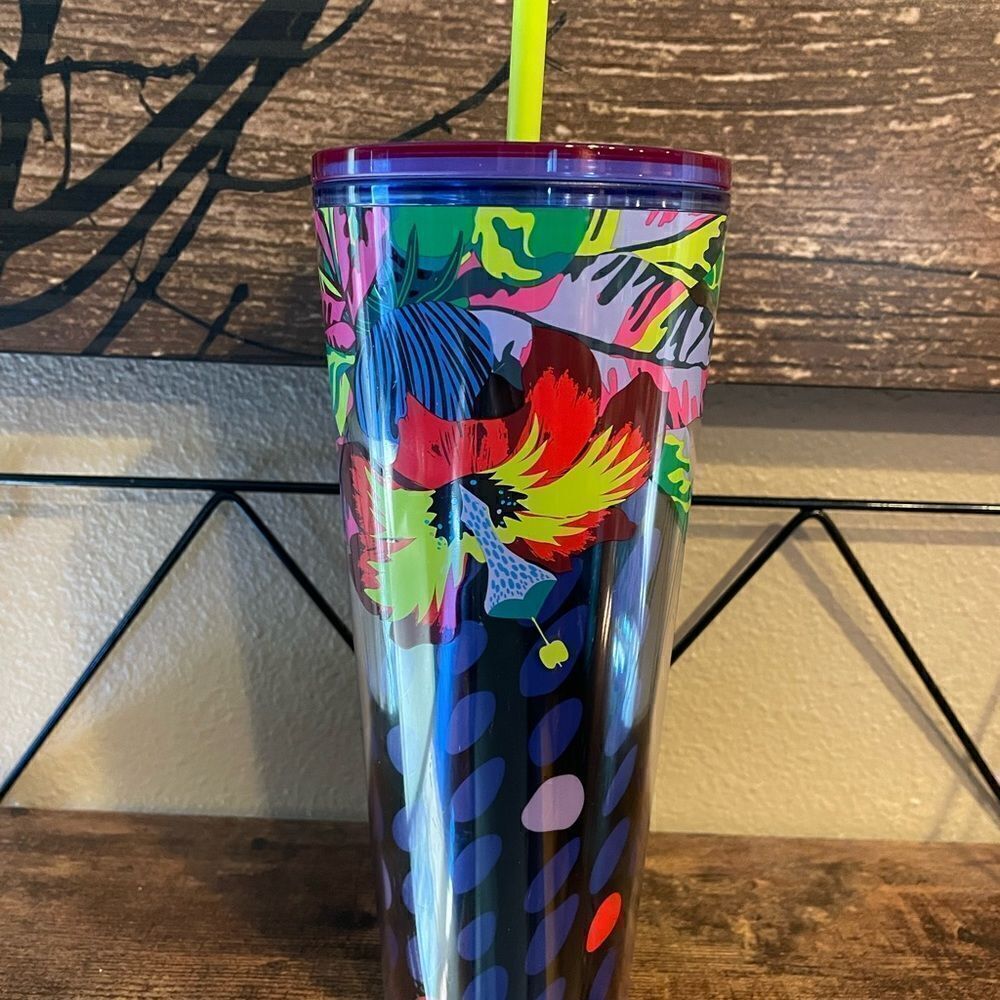 Starbucks Floral Leaves Purple Neon Green Spotted 24 Ounce Tumbler